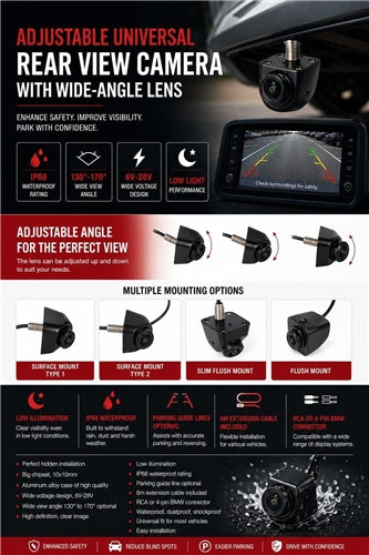 Adjustable Universal Rear View Camera with Wide-Angle Lens