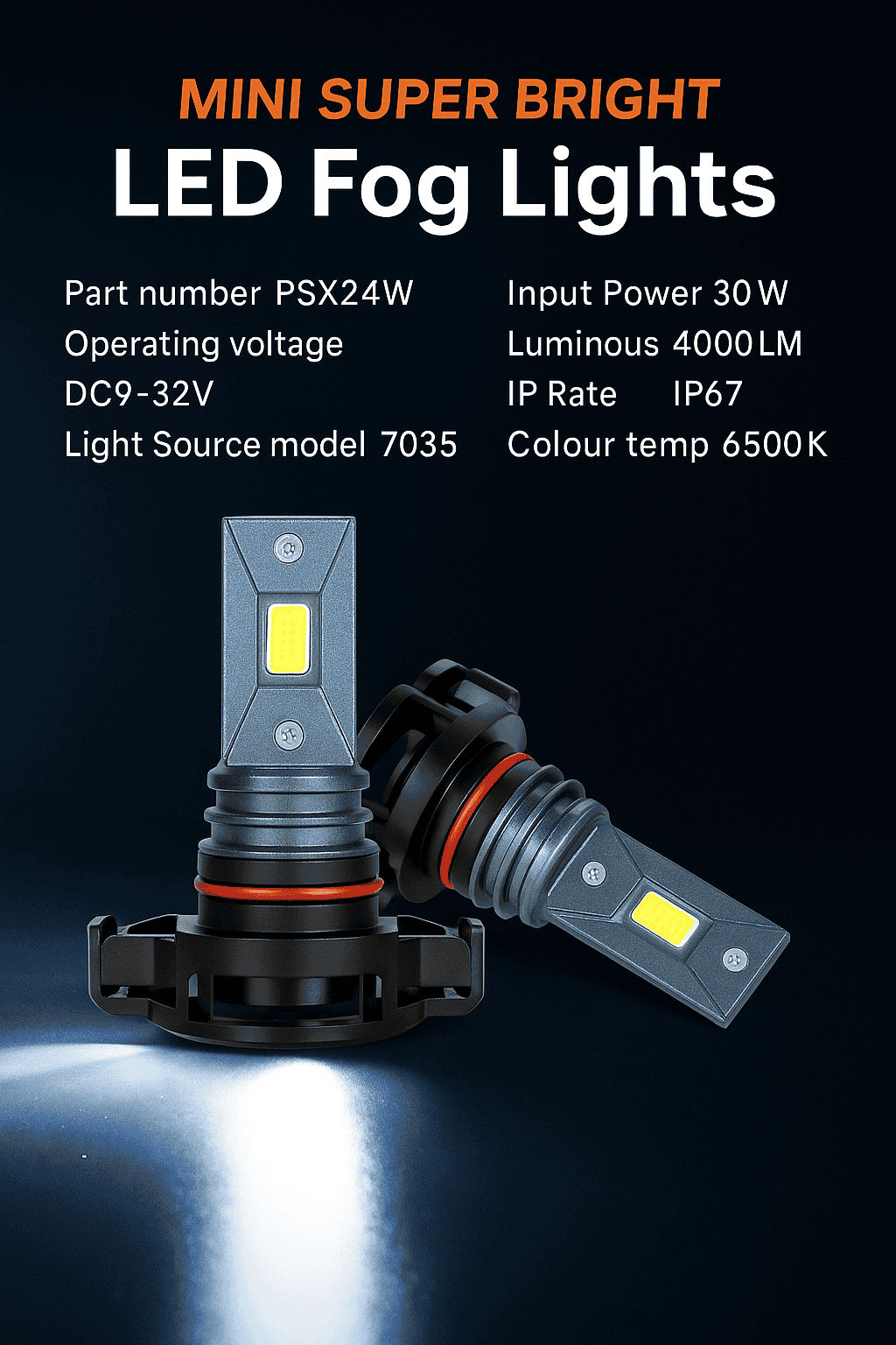 Super Bright Mini LED Fog Light Bulbs (White) 2 Pieces - PSX24W